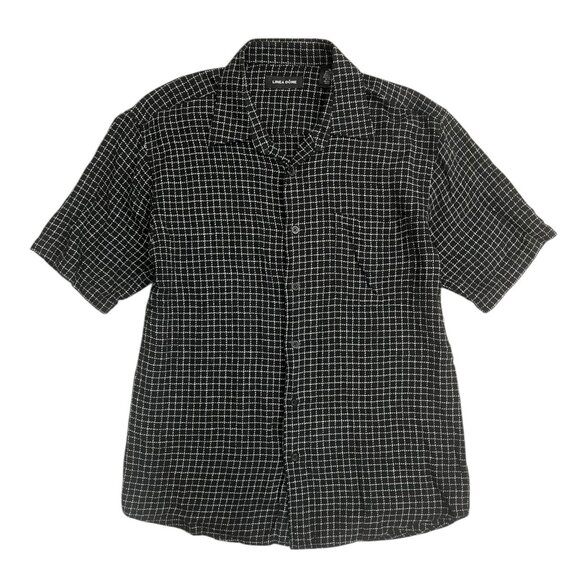 Vintage Men Linen Check Print Short Sleeve Button Up Shirt Black XL Retro Resort - Picture 1 of 8